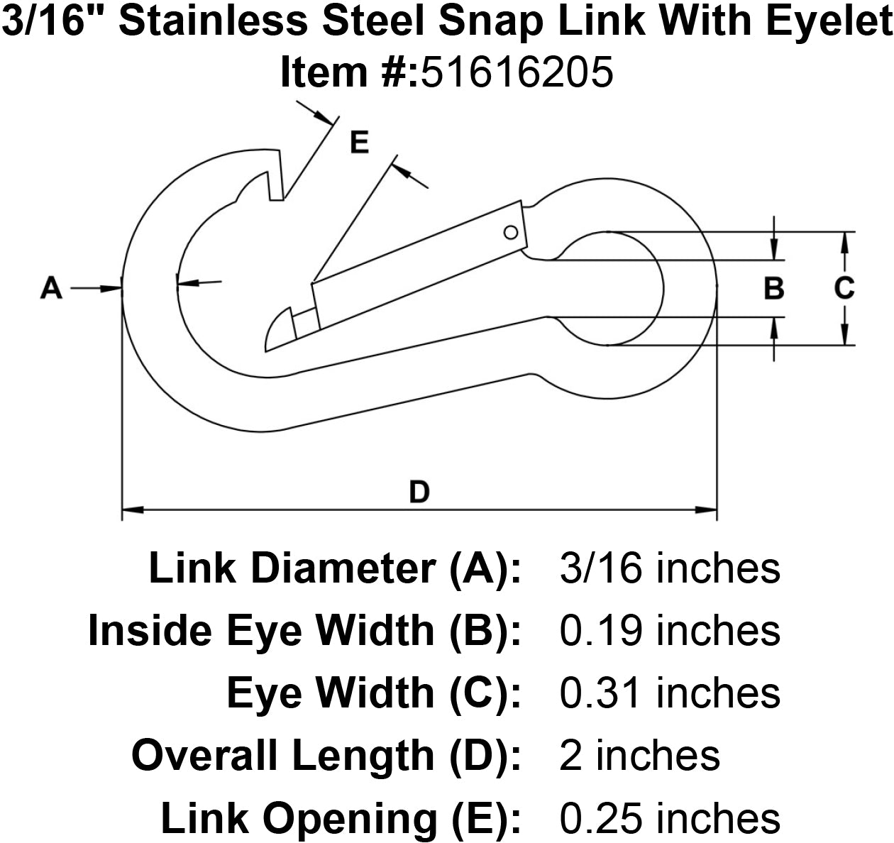 3/16" Stainless Steel Snap Link With Eyelet